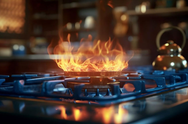 Close-up image of high flames on a gas range burner, highlighting a common issue with gas stoves when fuel pressure or orific