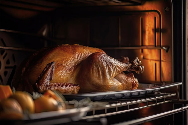 A perfectly roasted turkey in the oven, featuring golden-brown skin and juicy meat, ready for Thanksgiving dinner.