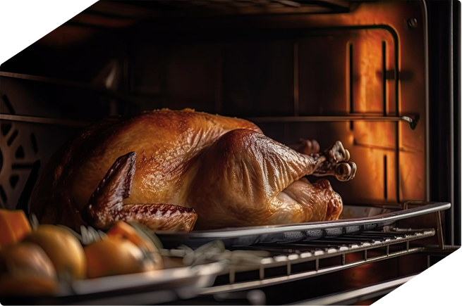 A perfectly roasted turkey in the oven, featuring golden-brown skin and juicy meat, ready for Thanksgiving dinner.