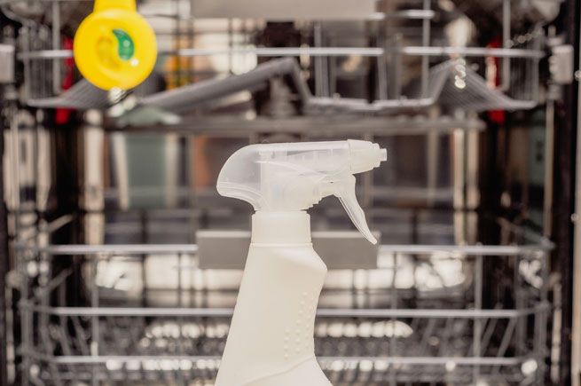 Bottle of cleaner in front of an open dishwasher, ready for deep cleaning and maintenance.