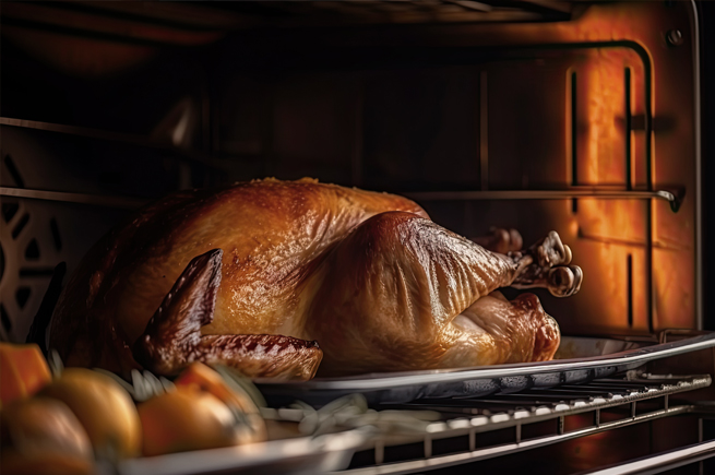 Perfectly roasted Thanksgiving turkey in the oven, golden brown and ready to serve for a holiday feast.