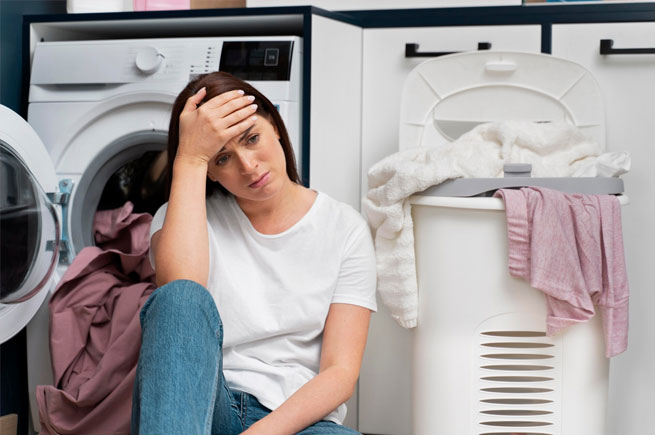 Woman sitting next to a washing machine, looking frustrated, as the washer isn’t starting.