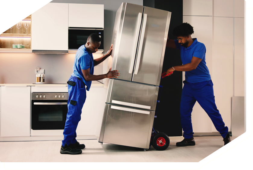 Technicians moving a refrigerator, providing professional appliance installation and relocation services.