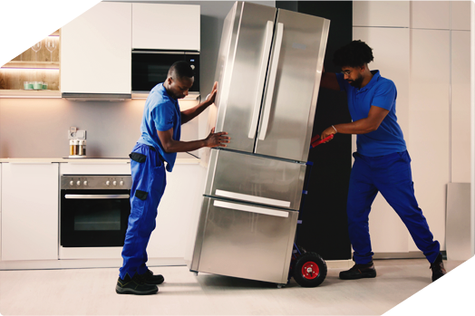 Technicians moving a refrigerator, providing professional appliance installation and relocation services.