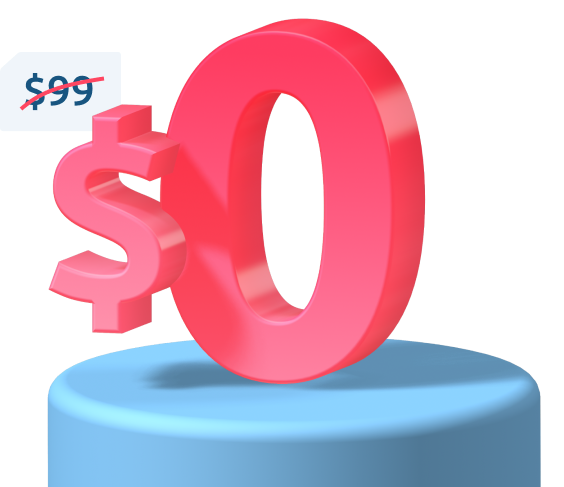 3D image of a $0 price offer highlighting free service calls, with a crossed-out $99 price tag for promotional discount.